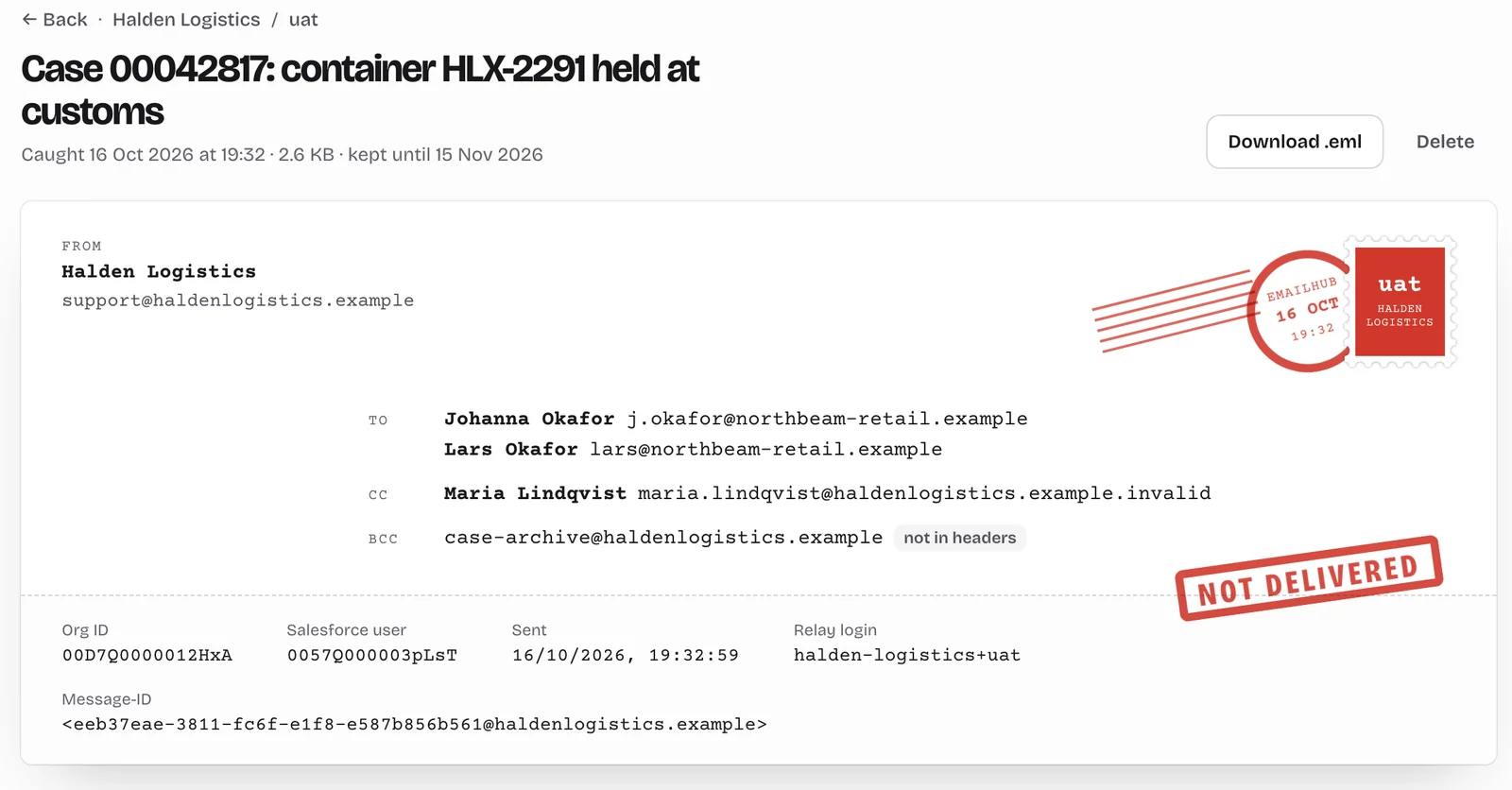One caught email in EmailHub: the sender, every recipient including BCC, the sandbox stamp, the time it was caught and a Not delivered stamp.